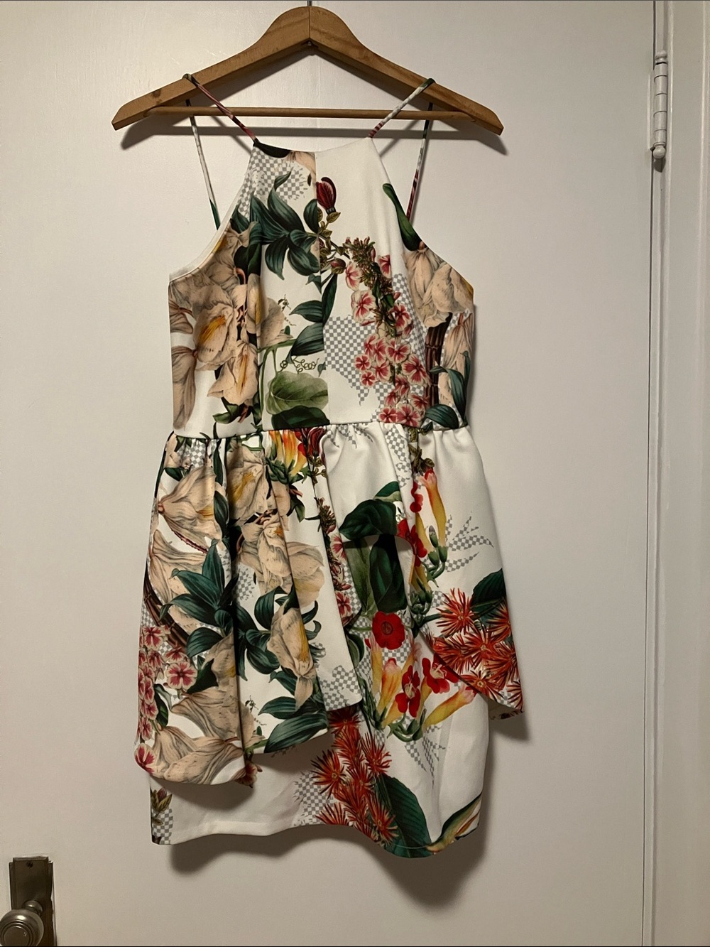 Floral Midi Elegant Dress- White with Green & Red Floral and Fruits